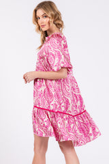 Fuchsia Print Satin Puff Sleeve Dress