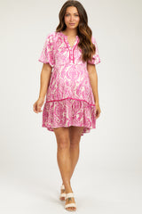 Fuchsia Print Satin Puff Sleeve Maternity Dress