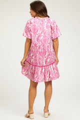 Fuchsia Print Satin Puff Sleeve Maternity Dress