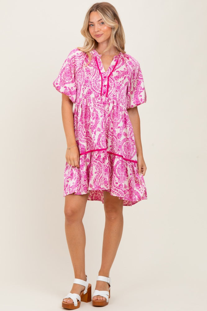 Fuchsia Print Satin Puff Sleeve Maternity Dress