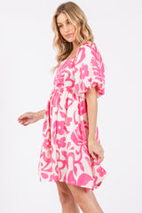 Fuchsia Floral Puff Sleeve Dress