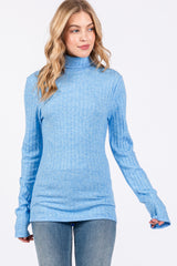 Light Blue Ribbed Long Sleeve Maternity Turtle Neck Top