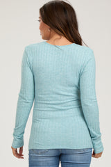 Light Teal Ribbed Knit Button Long Sleeve Maternity Top