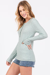 Mint Green Ribbed Knit Button Long Sleeve Top