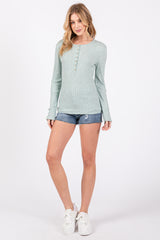 Mint Green Ribbed Knit Button Long Sleeve Top