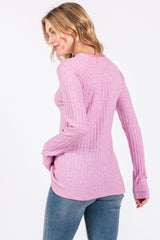 Pink Ribbed Knit Button Long Sleeve Top