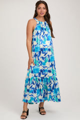 Blue Watercolor Print Satin Maternity Midi Dress