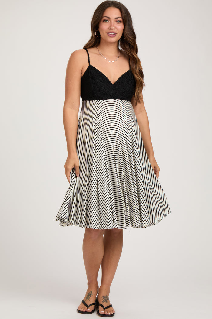 Black Striped Lace V-Neck Maternity Dress