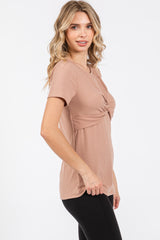 Beige Ribbed Twist Front Top