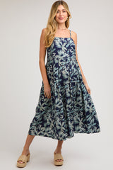 Navy Blue Leaf Print Square Neck Tiered Maternity Midi Dress