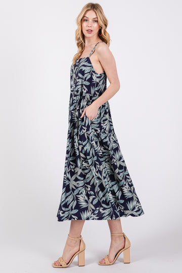 Navy Blue Leaf Print Square Neck Tiered Midi Dress