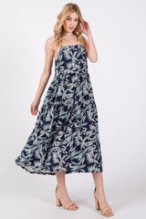 Navy Blue Leaf Print Square Neck Tiered Midi Dress