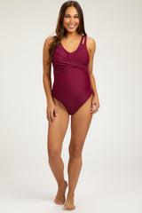 Magenta Twist Front Back Cutout Maternity One Piece Swimsuit