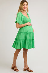 Green Smocked V-Neck Ruffle Short Sleeve Tiered Maternity Dress