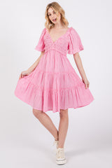 Pink Smocked V-Neck Ruffle Short Sleeve Tiered Maternity Dress