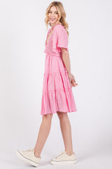 Pink Smocked V-Neck Ruffle Short Sleeve Tiered Dress