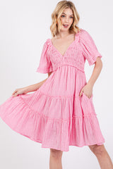 Pink Smocked V-Neck Ruffle Short Sleeve Tiered Dress