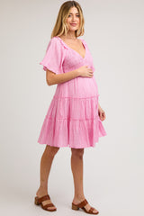 Pink Smocked V-Neck Ruffle Short Sleeve Tiered Maternity Dress
