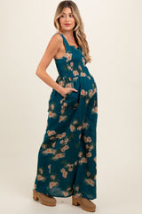 Teal Floral Smocked Maternity Jumpsuit