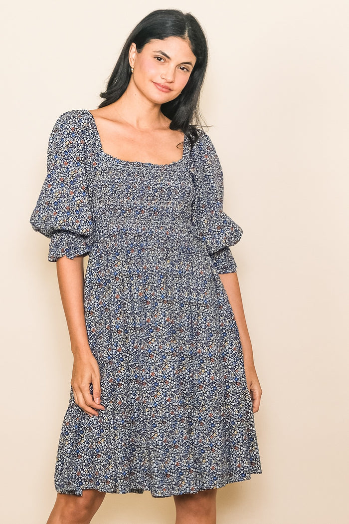 Navy Blue Floral Smocked Maternity Dress