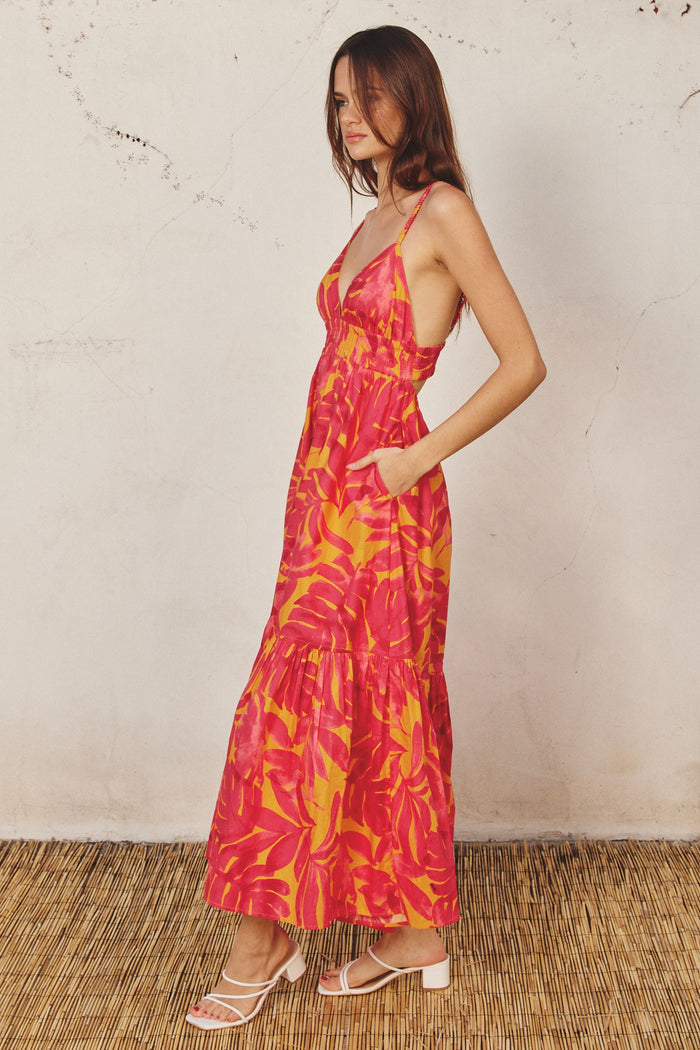 Coral Leaf Print Open Back Midi Dress