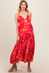 Coral Leaf Print Open Back Maternity Midi Dress