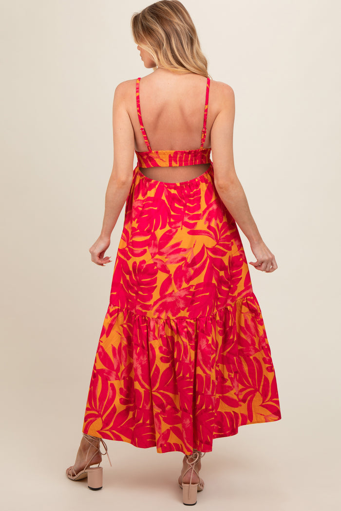 Coral Leaf Print Open Back Maternity Midi Dress