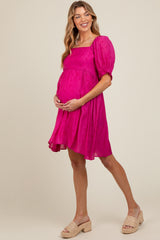 Fuchsia Floral Puff Sleeve Maternity Dress