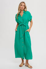 Green Button Front Belted Short Sleeve Midi Dress