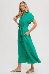 Green Button Front Belted Short Sleeve Midi Dress