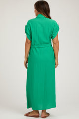 Green Button Front Belted Short Sleeve Maternity Midi Dress