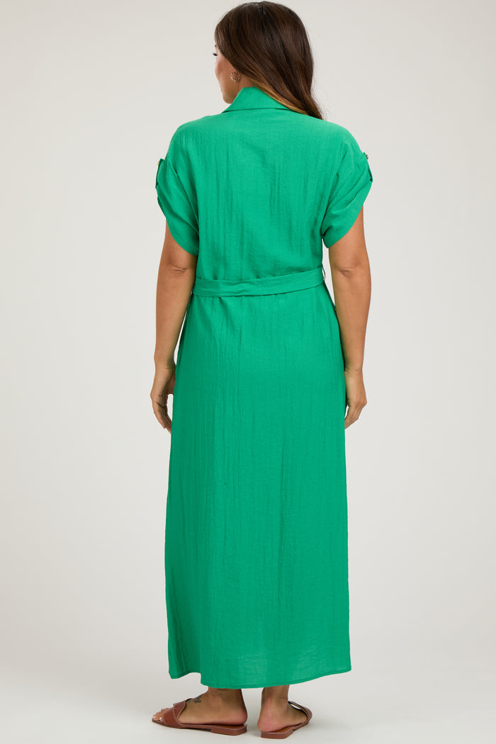 Green Button Front Belted Short Sleeve Maternity Midi Dress