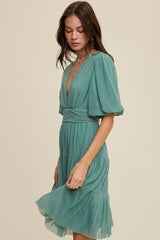 Sage V-Neck Pleated Mesh Cinched Waist Midi Dress