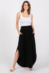 Black Smocked Rounded Hem Maxi Skirt