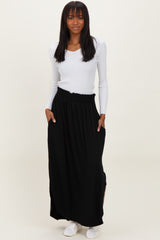 Black Smocked Rounded Hem Maxi Skirt