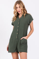 Olive Gauze Button Up Front Pocket Maternity Romper