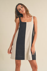 Black Color Block Linen Sleeveless Dress