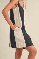 Black Color Block Linen Sleeveless Dress