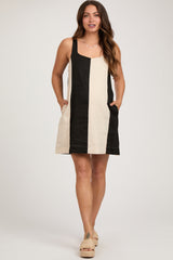 Black Color Block Linen Sleeveless Maternity Dress