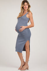 Blue Knit Fitted Maternity Midi Dress