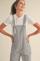 Black Striped Linen Overalls