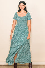 Green Floral Smocked Fitted Sleeve Side Slit Maxi Dress