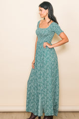 Green Floral Smocked Fitted Sleeve Side Slit Maxi Dress