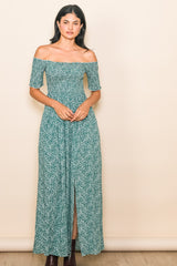 Green Floral Smocked Fitted Sleeve Side Slit Maxi Dress