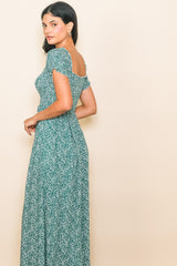 Green Floral Smocked Fitted Sleeve Side Slit Maxi Dress