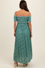 Green Floral Smocked Fitted Sleeve Side Slit Maternity Maxi Dress