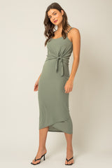 Sage Sleeveless Ribbed Waist Tie Wrapped Hem Maternity Dress