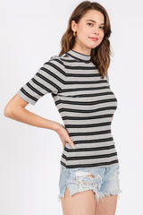 Black Striped Ribbed Mock Neck Top