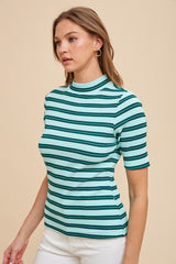 Mint Striped Ribbed Mock Neck Top