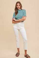 Mint Striped Ribbed Mock Neck Top